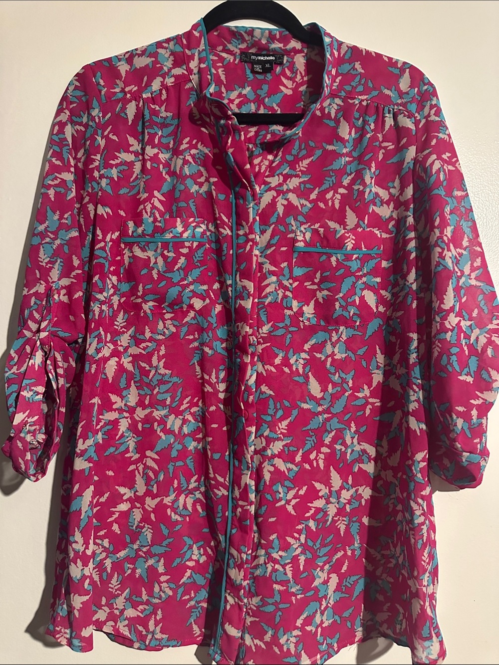 NY Collection Fuchsia Floral Button-Up Blouse with Teal & Cream Accents